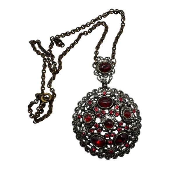 Vintage NE Glass Works Filigree Pendant Necklace – Red Glass Stones, Goblet Mark - Picture 1 of 10